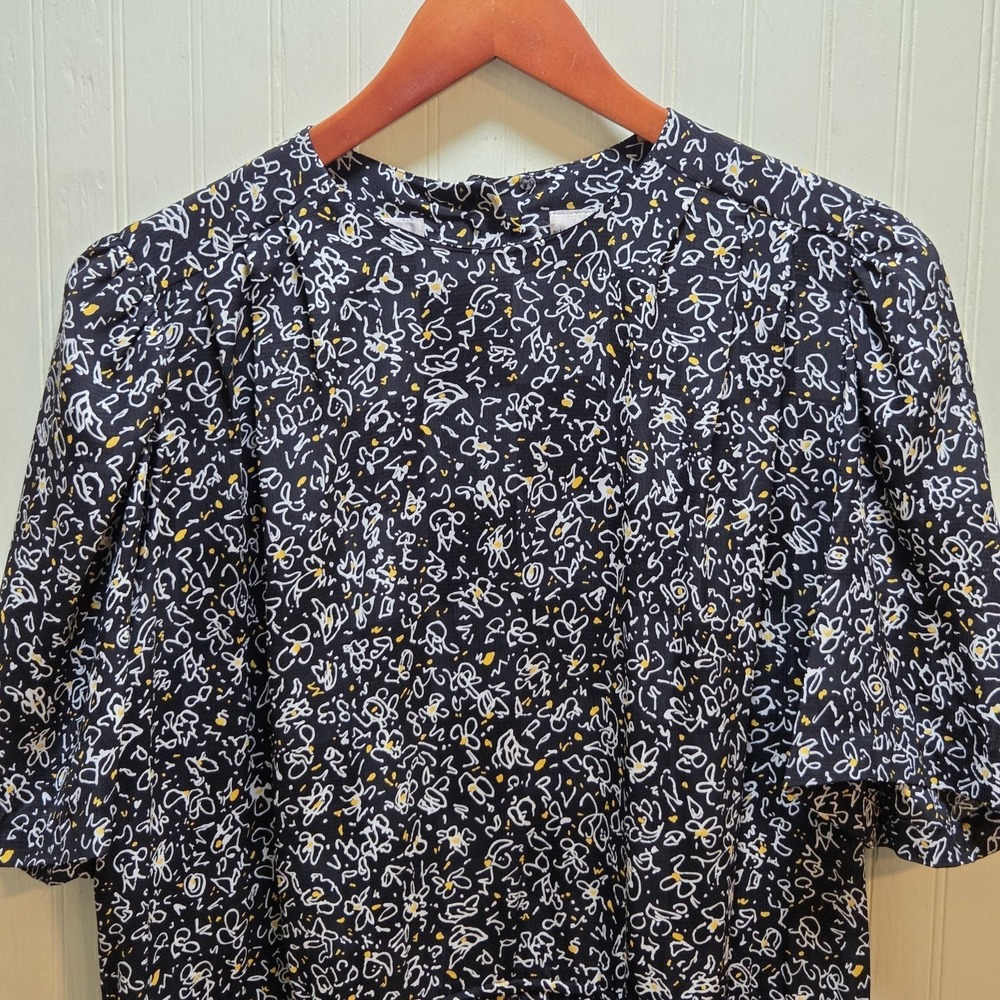 Liz Claiborne Dress Womens 10 Black Floral Button Front Short Sleeve A-Line Midi